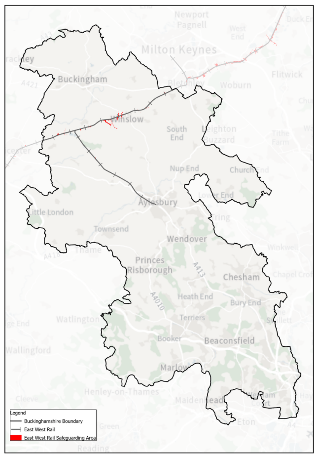 Map showing East West Rail line in Buckinghamshire.