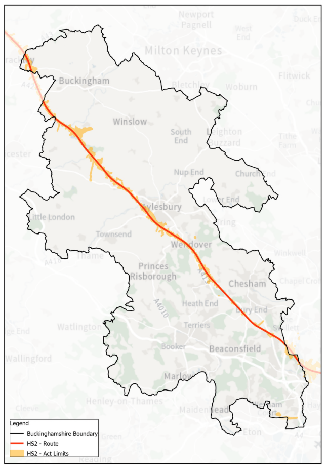 Map of HS2 rail line and its safeguarded areas within the boundary of Buckinghamshire.
