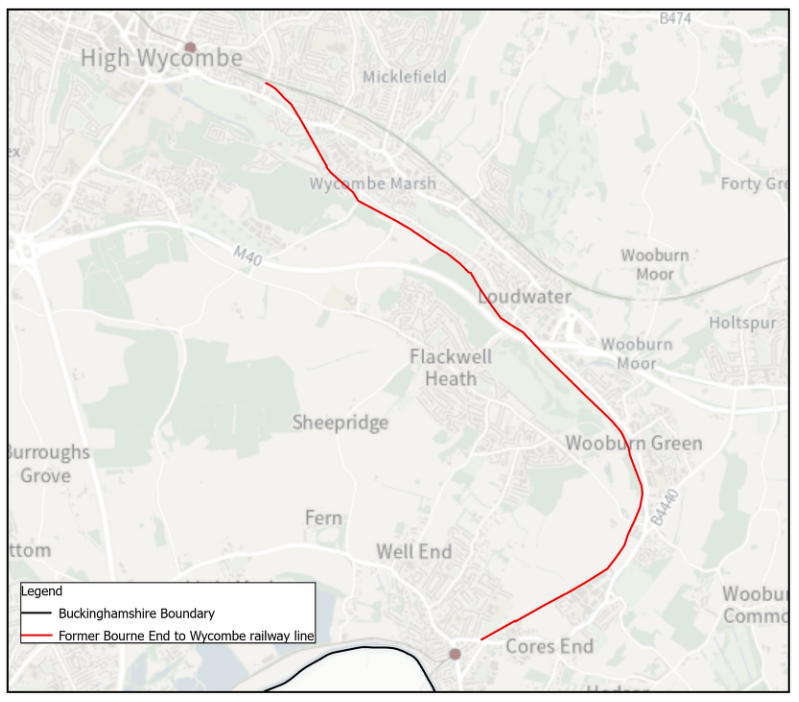 Map showing the former Bourne End to Wycombe railway line in Buckinghamshire.