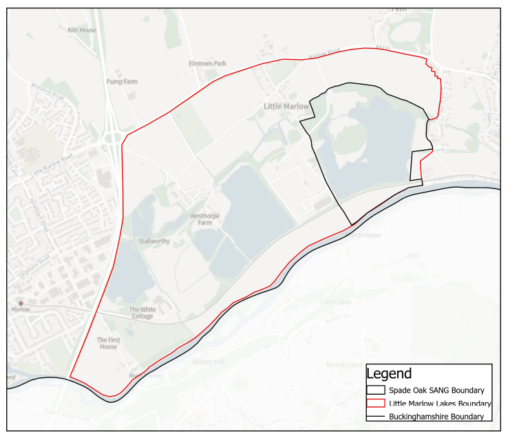 Map of Spade Oak SANG boundary and Little Marlow Lakes boundary.