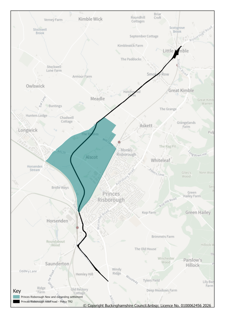 A map showing the indicative Princes Risborough Relief Road.