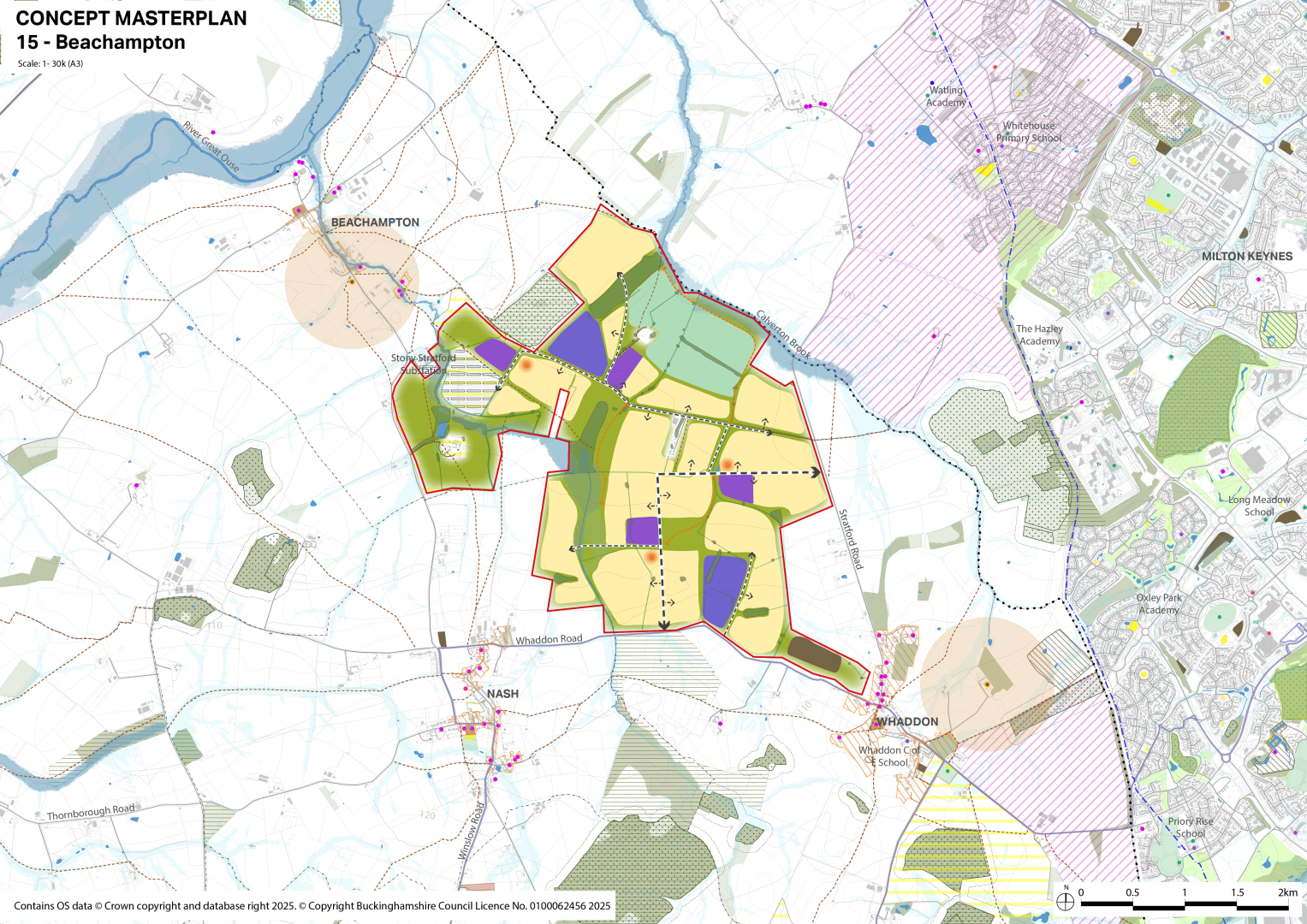Colour-coded conceptual masterplan map of Beachampton, showing proposed land use and development areas with neighbouring regions and transport routes.