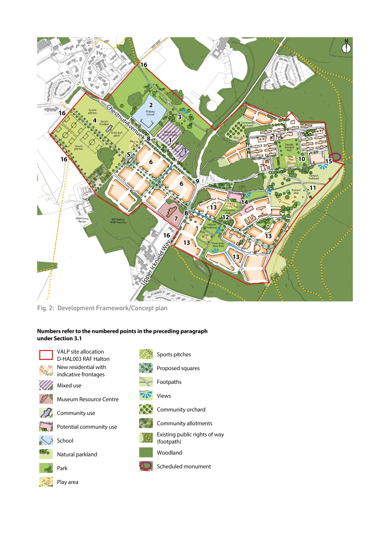 Coloured development plan with numbered zones, green spaces, pathways, and a legend for land use and features.