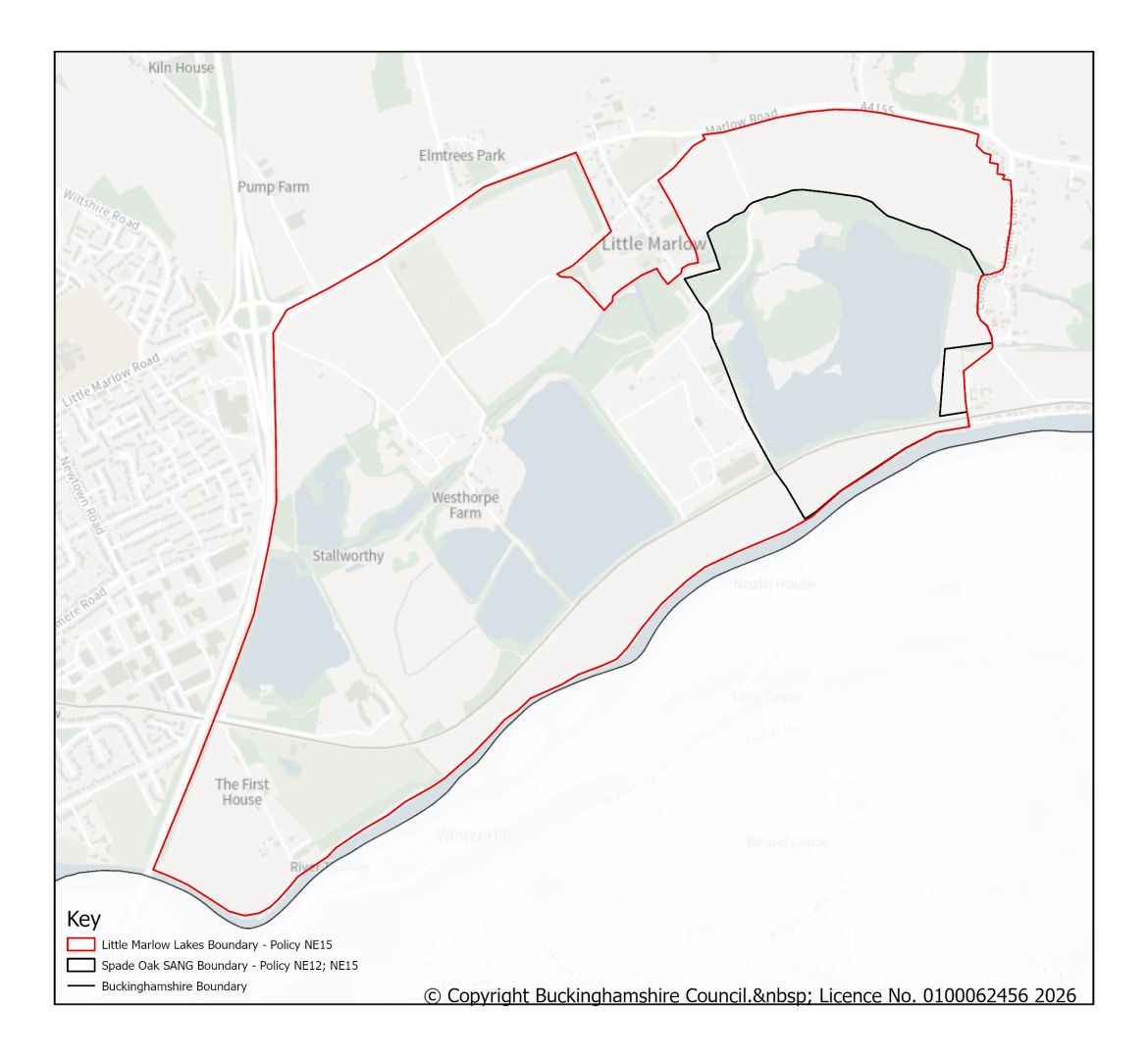 Map of Spade Oak SANG boundary and Little Marlow Lakes boundary.
