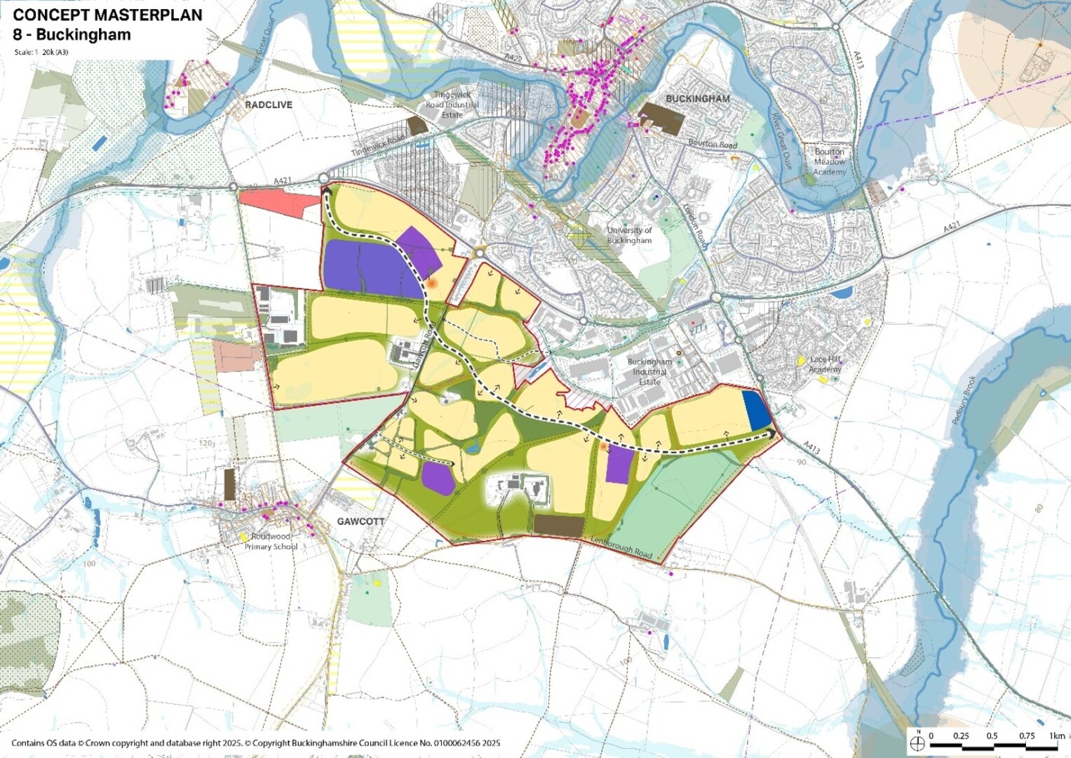 Map of Buckingham with colour-coded development zones, including labels for Gawcott, Radclive and Buckingham, rivers, roads, scale and compass.