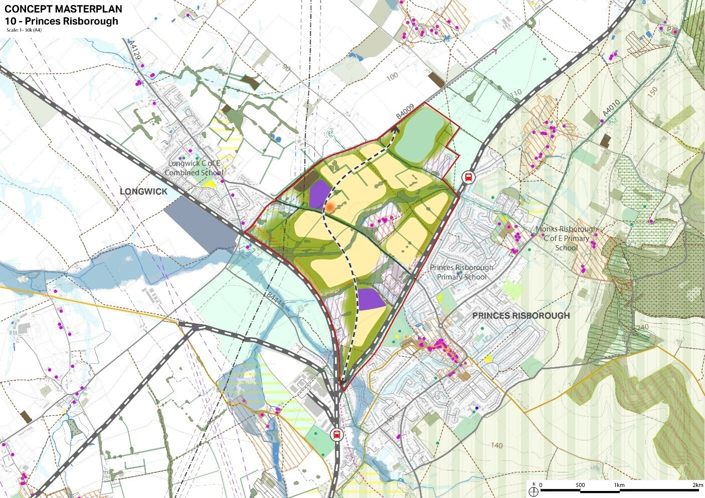 Map showing Princes Risborough with highlighted development areas and labelled regions like Longwick, roads, rivers, and surrounding fields.