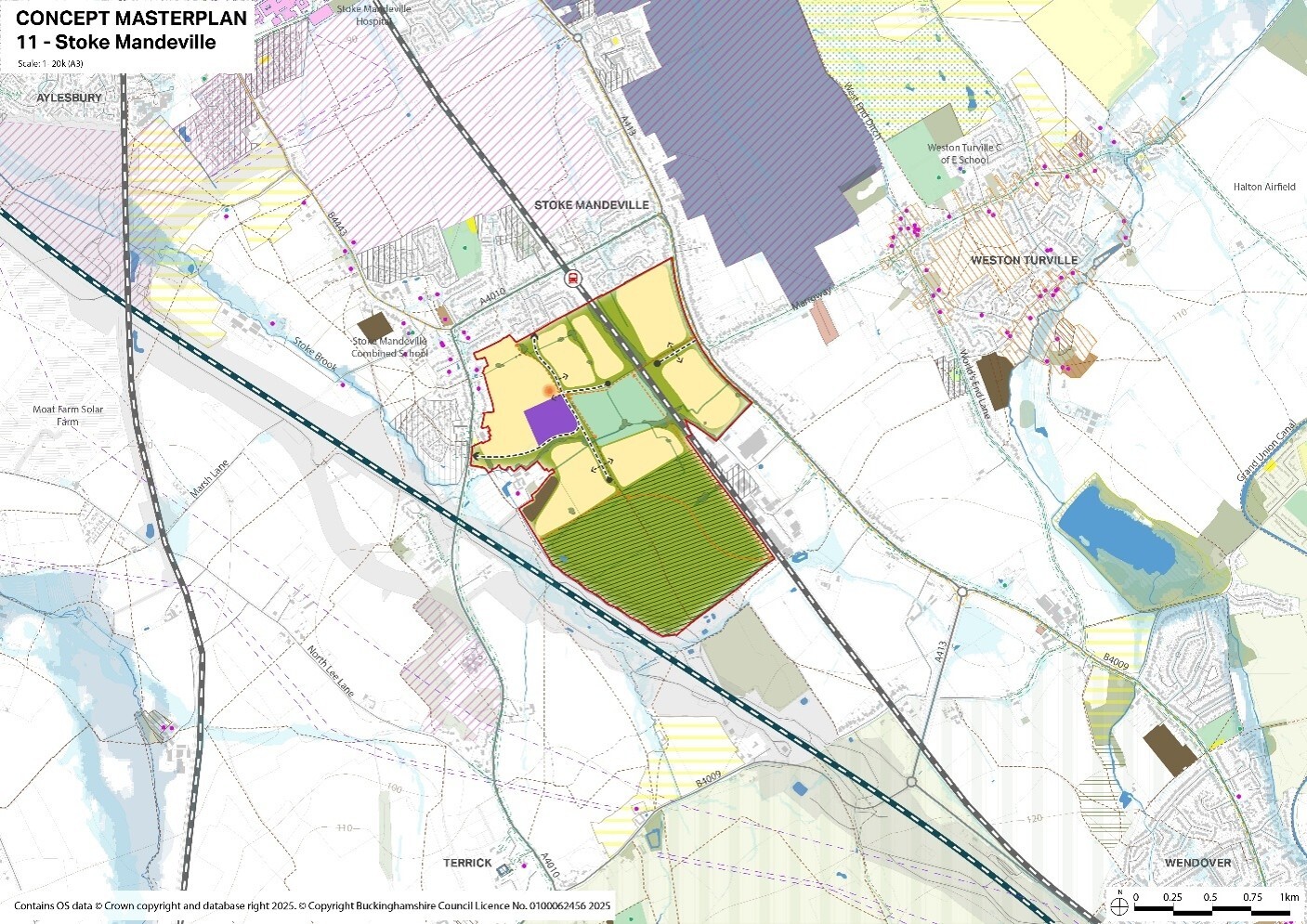 Map of Stoke Mandeville with a highlighted development area showing colour-coded zones and neighbouring locations such as Weston Turville, Aylesbury, and Terrick.