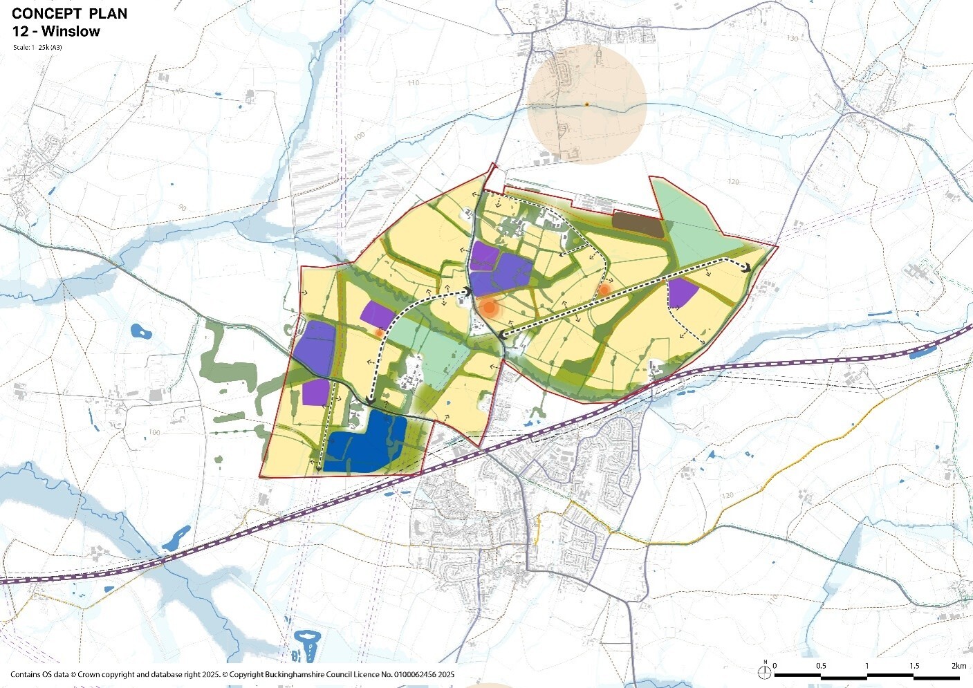 Colour-coded development plan overlaid on a map, with roads, land parcels, and a scale bar.