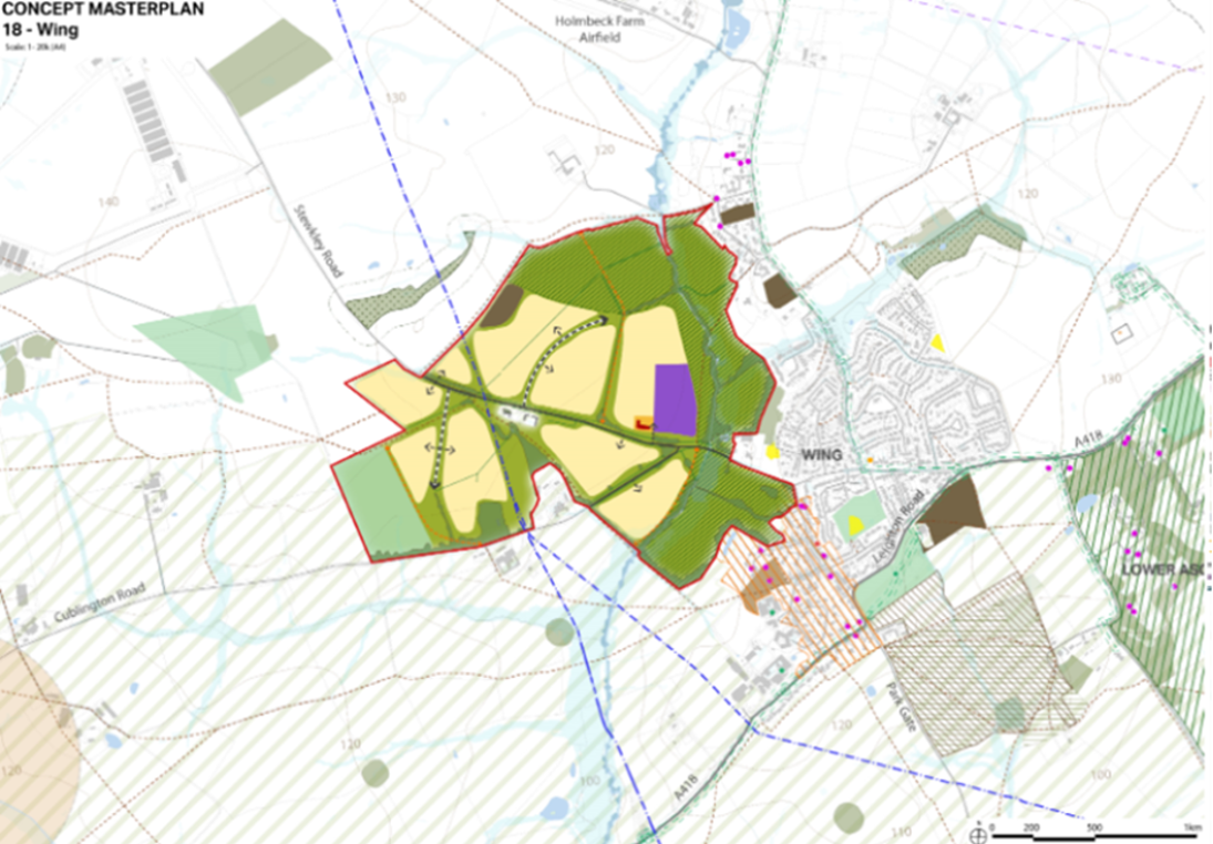 Concept masterplan for Wing with colour-coded zoning, roads, and the village outline to the right.