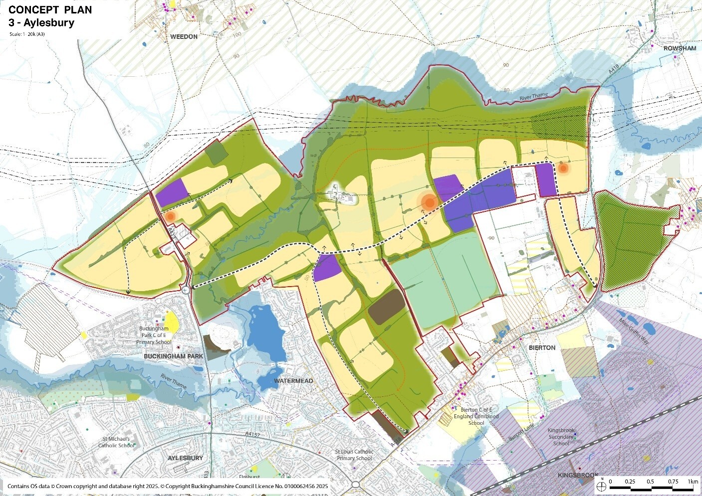 A concept plan for Aylesbury, showing land use zones in various colours, including green spaces, residential areas in yellow, and commercial or industrial areas in purple, with surrounding towns and waterways.