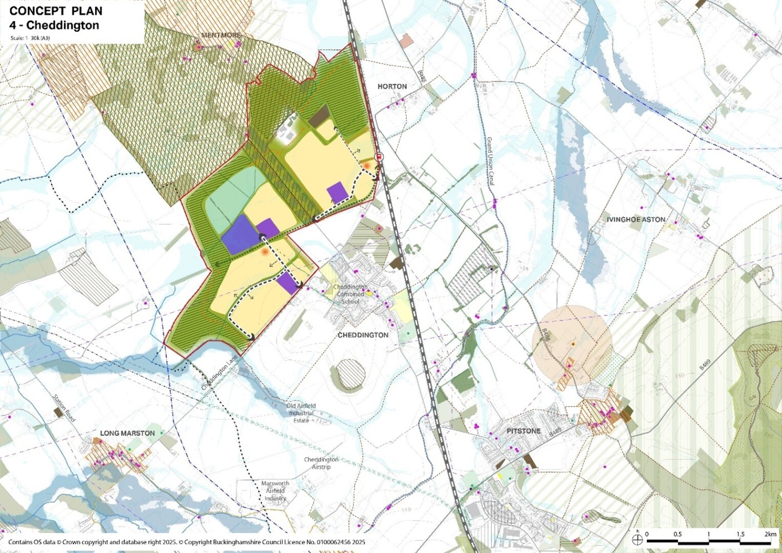 A map of Cheddington and surrounding areas with colour-coded zones and labelled landmarks.