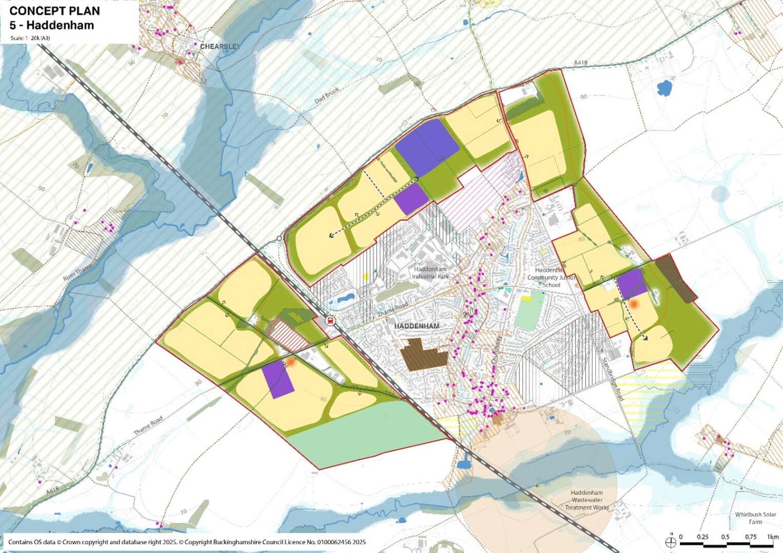 Aerial concept plan of Haddenham, showing colour-coded zones, roads, rail line, and built-up areas.