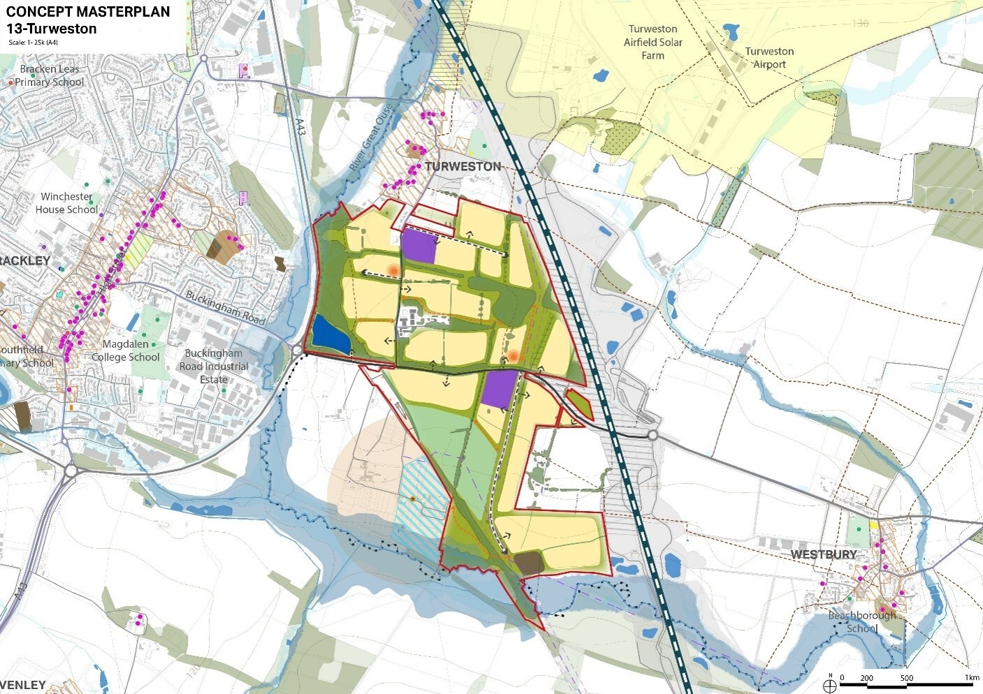 Map of Turweston and surrounding villages, highlighting development zones in colour-coded areas.