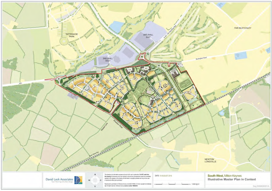 Aerial view of a detailed site plan for South West, Milton Keynes, showing roads, buildings, green spaces, and surrounding rural areas.