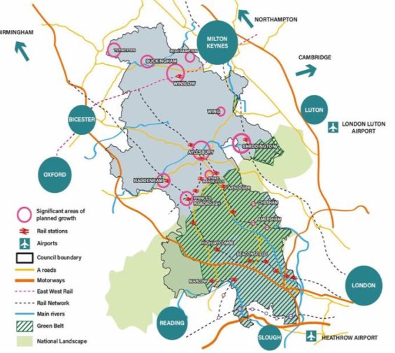 Map of the Oxford-Cambridge growth corridor showing cities, rail networks, roads, airports, and areas of planned growth and Green Belt land.