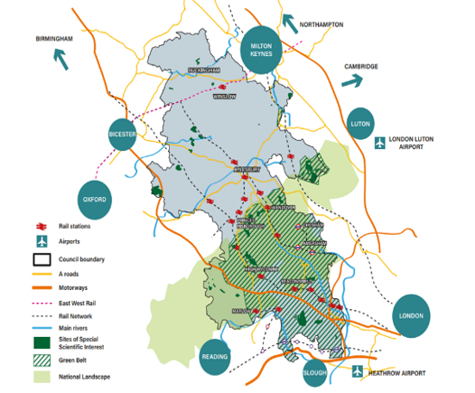 Map detailing transport, scientific sites, and land use in the London, Oxford, Cambridge corridor.