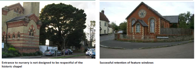 Left: Historic chapel with a tree in front and cars parked on the street. Annotated with: Entrance to nursery is not designed to be respectful of the historic chapel. Right: A chapel building with fencing around it. Annotated with: Successful retention of feature windows. 