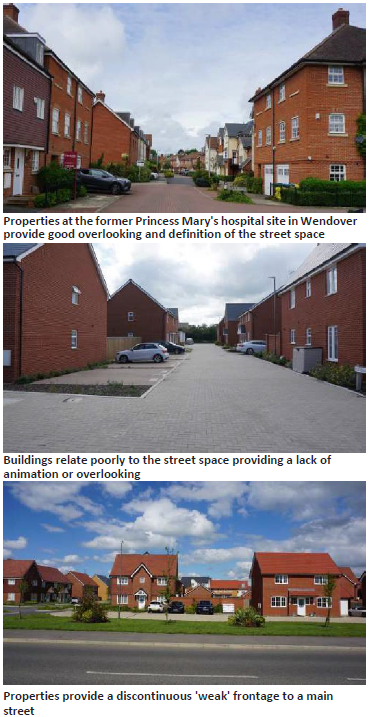 Top: row of houses on either side of a large road in Princess Mary's hospital site. Middle: Buildings on either side of a street with few windows. Bottom: View of a residential area with a road in the foreground. 