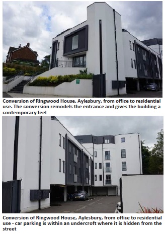 Two images of Ringwood House, Aylesbury. Top: Conversion from office to residential use. The conversion remodels the entrance and gives the building a contemporary feel. Bottom: Conversion from office to residential use- car parking is within an undercroft where it is hidden from the street. 