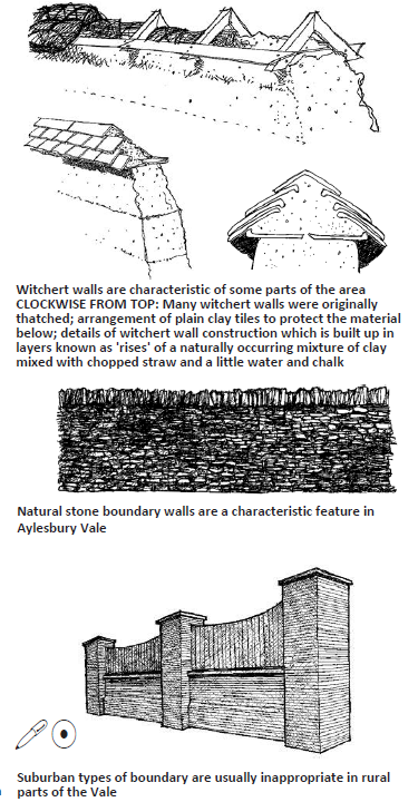 Top: Three different witchert thatched walls; Middle: Diagram of a natural stone boundary wall; Bottom: Diagram of a typical suburban boundary wall.