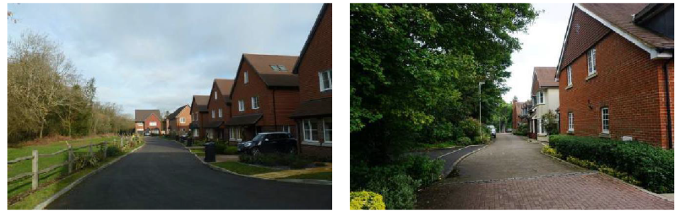 Left: A road passing through a row of houses on one side and a fenced region with trees on the other; Right: View of a house with a gabled roof facing a woodland across the road