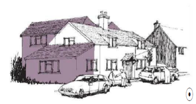 Diagram of a home with extensions. There are cars and people outside of the building. 