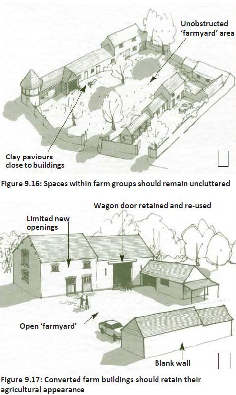 Top: Diagram of a farmyard showing unobstructed farmyard area in the center and clay paviours close to the building. Spaces within farm groups should remain uncluttered. Bottom: Diagram showing converted farm buildings with open farmyard space in the center, limited new openings and a wagon door retained and re-used. Converted farm buildings should retain their agricultural appearance. 