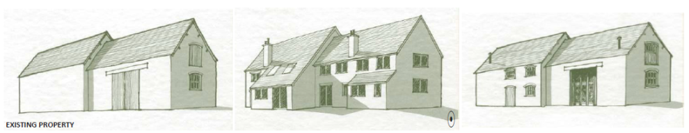 Left: Diagram showing a house with an extension having a door and windows as property which is converted to a house with extended porches and chimneys also to a house with more doors and windows. Center: Diagram showing a house with an extension having a door and windows as existing property which is converted to a house with extended porches and chimneys also to a house with more doors and windows. Right: Diagram showing a house with an extension having a door and windows as existing property which is converted to a house with extended porches and chimneys also to a house with more doors and windows. 