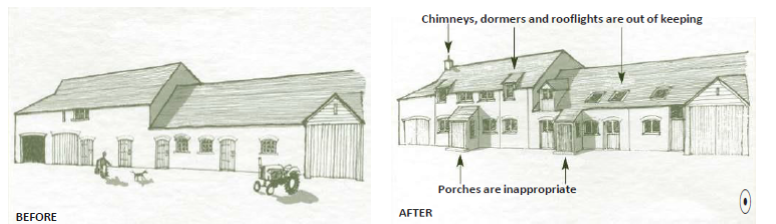 Diagrams showing before and after a traditional farm house is converted. The after conversion diagram is annotated with: Chimneys, dormers and roof lights are out of keeping, Porches are inappropriate. 