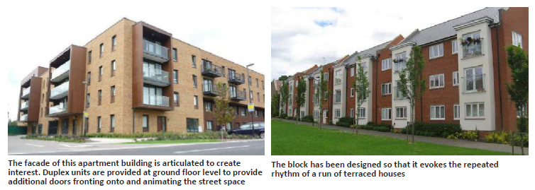 Left: Apartment building with articulated facade to create interest. Duplex units are provided at ground floor level to provide additional doors fronting onto and animating the street space. Right: Image of a long line of identical apartment blocks designed in such a way that it evokes the repeated rhythm of a run of terraced houses. 