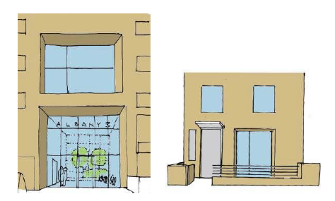 Left: Diagram showing a non-residential apartment with a sign on its large entrance. Right: Diagram showing an entrance of a dwelling
