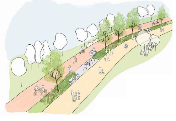 Drawing of a park with people walking and cycling and sitting on benches.