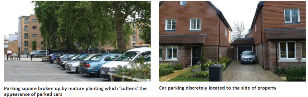 Left: Image of a parking square broken up by mature planting to soften appearance of parked cars right: Car parked to the side of the property 