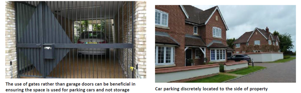Left: image of a garage using gates rather than doors; Right: A house with discrete parking to the side of the property