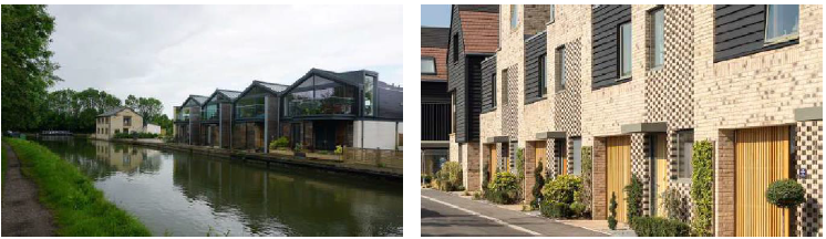 Left: Modern design homes beside a river. Right: Row of similar modern homes on a street with decorative plants in front of the doors. 