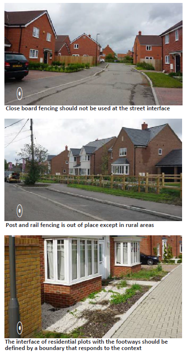 Top: Image of a residential area with close board fencing. Middle: Image of a residential area with post and rail fencing. Bottom: Close-up image of the space between a row of buildings and the paved footway.