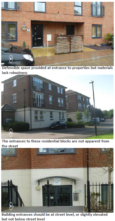 Top: Close-up image of a building with a large entrance and a concourse. Middle: Image of a residential apartment with no visible entrance fronting onto a road. Bottom: Image of a building with the entrance below street level. 