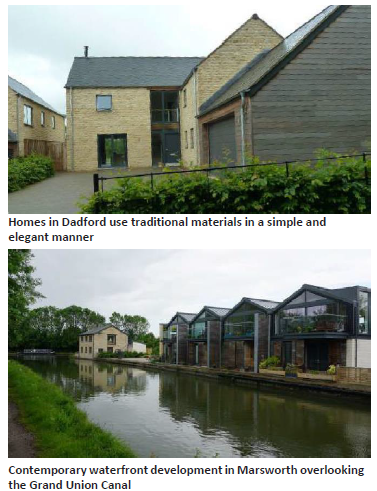 Top: Close-up image of a house with several wings made of traditional materials. Homes in Dadford use traditional materials in a simple and elegant manner. Bottom: A row of houses with triangular rooftops overlooking a water body. Contemporary waterfront development  in Marsworth overlooking the Grand Union Canal