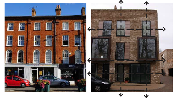 An image of modern town houses on the left, on the right in traditional brick building marked with arrows