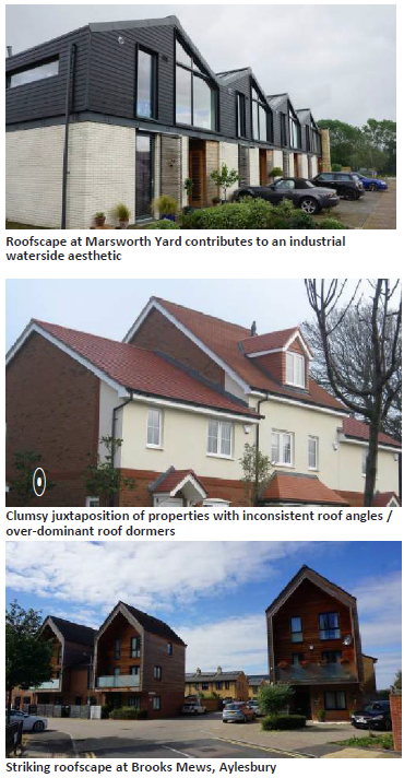 Top: Residential houses with triangular rooftops and large glass windows, roofscape at Marsworth Yard contributes to an industrial waterside aesthetic. Middle:View of a triangular rooftop of a house with a projecting roof dormer, clumsy juxtaposition of properties with inconsistent roof angles / over-dominant roof dormers. Bottom: View of houses with a striking roofscape, striking roofscape at Brooks Mews, Aylesbury. 