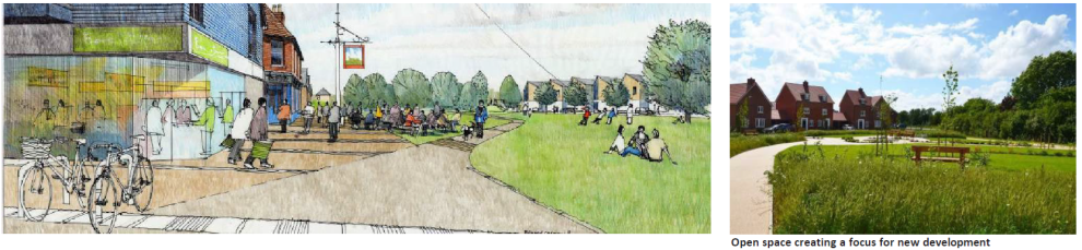 Left: Painting of a busy street corner with lots of people. There is bicycle parking in the foreground and a large park with trees in the background.  Right: A  few houses on a green field with a small road leading up to the homes. Open space creates a focus for new development. 