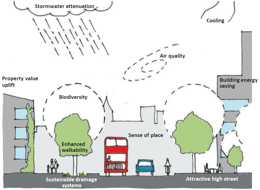 The benefits of tree planting and soft landscaping demonstrated on a diagram. Includes: Stormwater attenuation, cooling, air quality, property value uplift, building energy saving, biodiversity, enhanced walkability, sense of place, sustainable drainage systems, attractive high street.