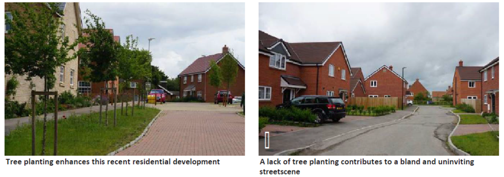 Left: A residential area surrounded by trees. Tree planting enhances this recent residential development. Right: A residential area surrounded by fewer trees. A lack of tree planting contributes to a bland and uninviting streetscene.
