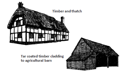 Top: Diagram of a house made with timber and thatch. Bottom: Diagram of a tar coated timber cladding to agricultural barn. 