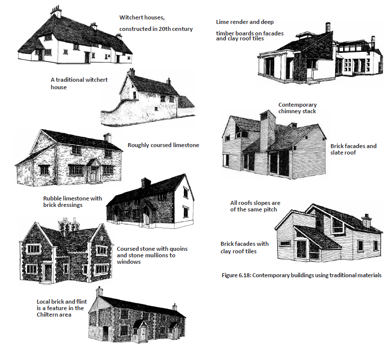 Various diagrams: 1. Illustration of a Witchert house, constructed in 20th century. 2. Illustration of a traditional Witchert house. 3. Illustration of a house of roughly coursed limestone. 4. Illustration of home with rubble limestone with brick dressings. 5. Home of coursed stone with quoins and stone mullions to windows. 6. Home of local brick and flint is a feature in the Chiltern area. 7. House with timber boards on facades with clay roof tiles. Lime render and deep timber hoards on facades and clay roof tiles. 8. Home with contemporary chimney stack, brick facades and slate roof. 9. Home with all roof slopes of the same pitch, brick facades with clay roof tiles. 