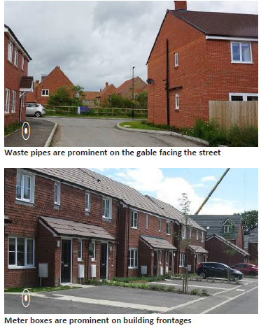 Top: A house with gabled roof and waste pipes installed on the face of the wall facing the street. Bottom: Buildings with meter boards placed in front of them.