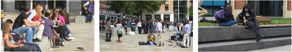Left: People seated at the steps in an open space and spending a pleasant moment. Centre: A group of artists performing in the public space. Right: Two people sitting in an open area using USB portals attached to the roadside bench. 