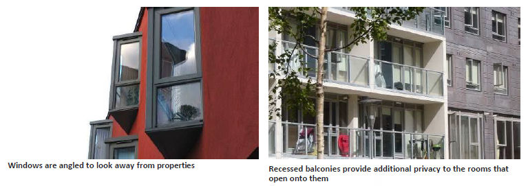 Left: Close-up image of angular windows. The windows are angled to look way from properties. Right: Apartment block with balconies. Balconies are recessed to provide additional privacy to the rooms that open onto them.