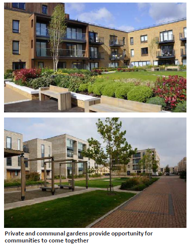 Top: apartments surrounding a communal garden with greenery. Bottom: modern apartments with gardens. 