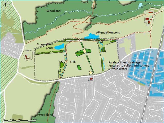 ONCEPT PLAN 3 - A sustainable drainage network incorporated within open spaces is proposed through the site
